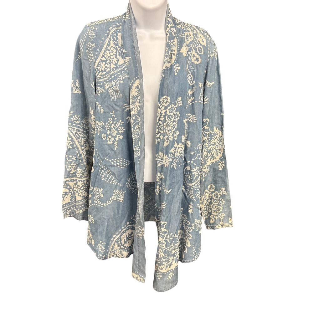 Laurie Felt Duster Cardigan Women's XS Blue White Floral Paisley Tencel Lyocell